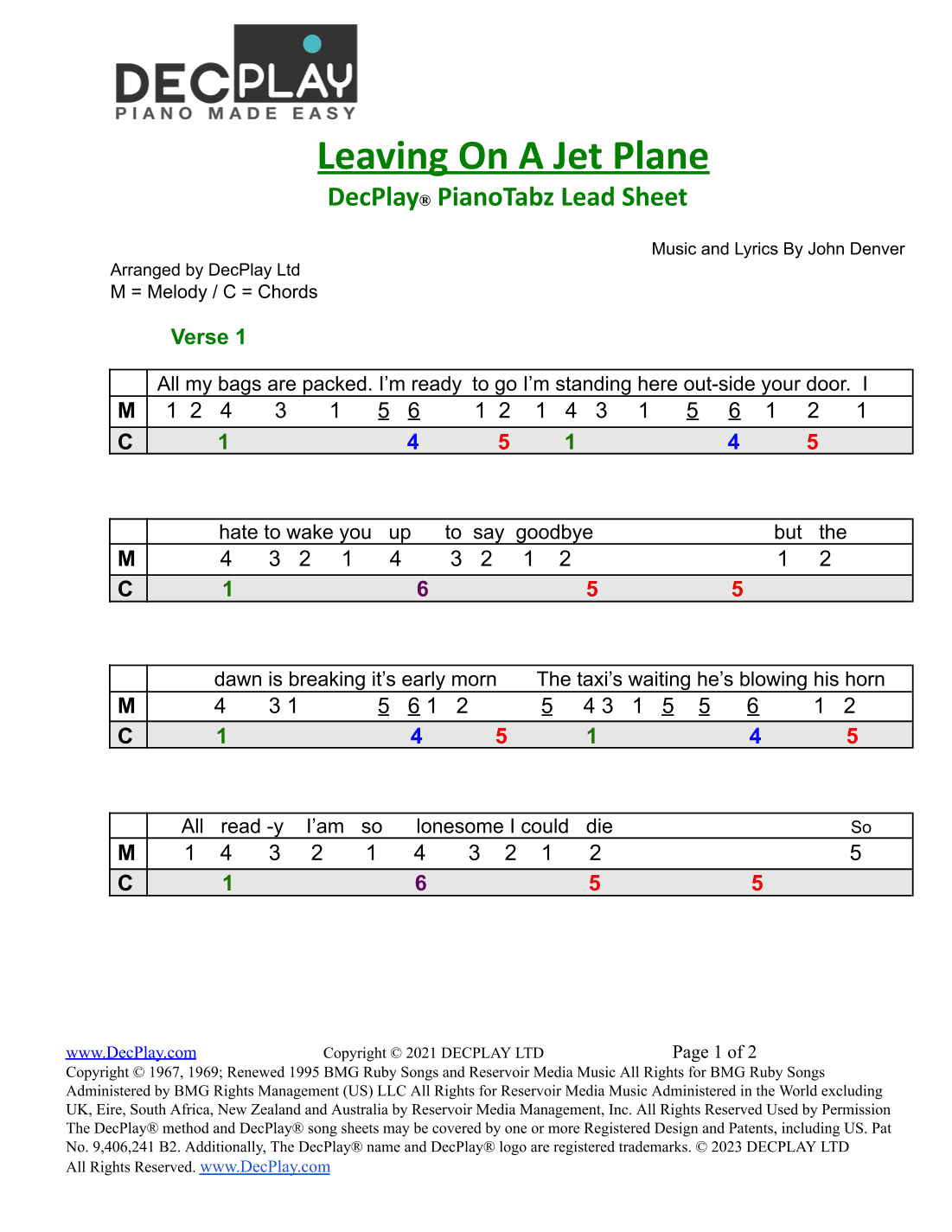 Leaving On A Jet Plane (arr. DecPlay Ltd)