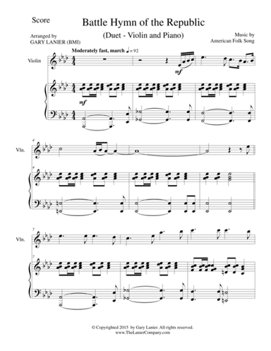 BATTLE HYMN OF THE REPUBLIC (Duet – Violin and Piano/Score and Parts) (arr. Gary Lanier)