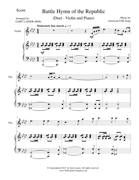 BATTLE HYMN OF THE REPUBLIC (Duet – Violin and Piano/Score and Parts) (arr. Gary Lanier)
