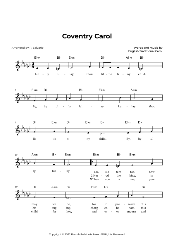 Coventry Carol (Key of E-Flat Minor) (arr. R. Salvario)
