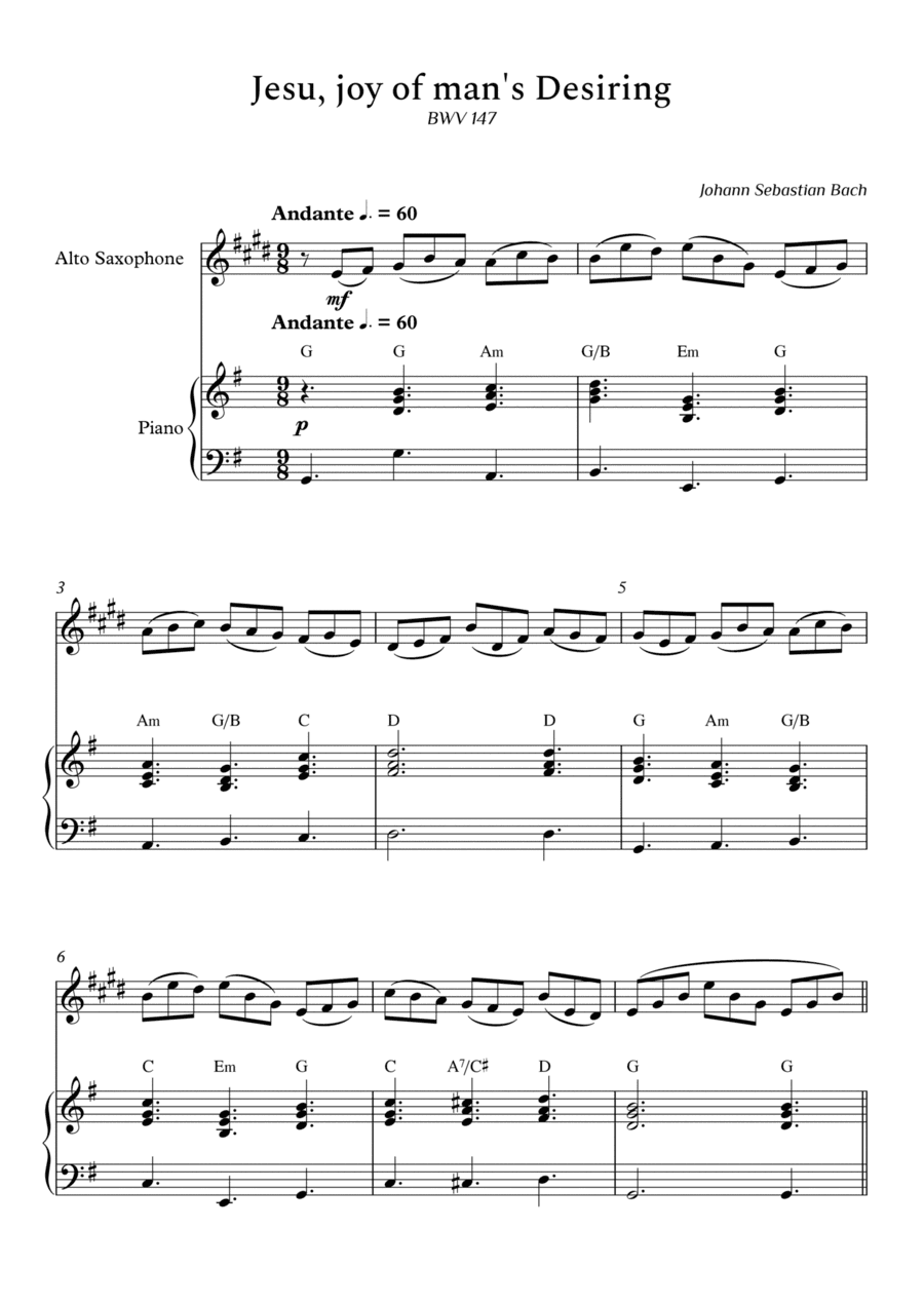 Jesu, joy of man's Desiring for Alto Sax and Piano (With Chords) - Score and Parts (arr. Cássio Silva Chaves)