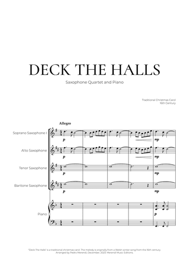 Deck The Halls (Saxophone Quartet and Piano) - Christmas Carol (arr. Pedro Merendi)