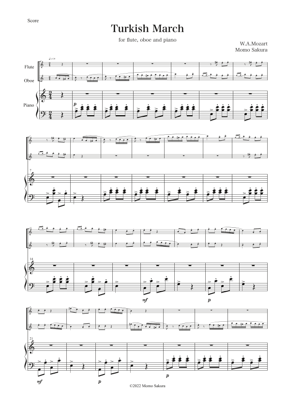 Turkish March by Mozart for Flute, Oboe (or 2 Flutes) and Piano (arr. Momo Sakura)