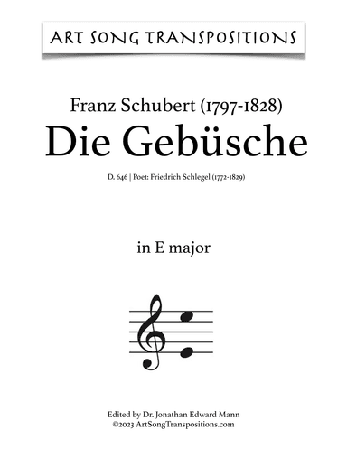 SCHUBERT: Die Gebüsche, D. 646 (transposed to E major) (arr. ArtSongTranspositions.com)