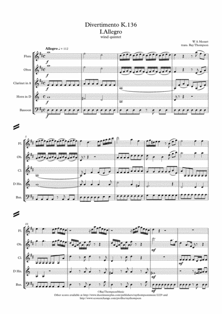 Mozart: Divertimento in D "Salzburg Symphony No.1" K136 Mvt.1 - wind quintet (arr. Ray Thompson)