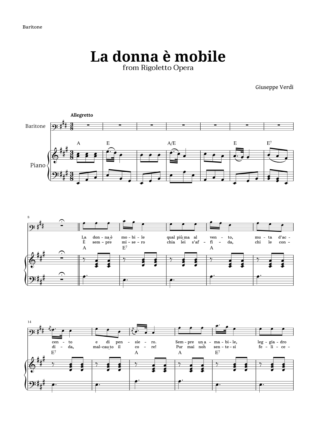 La donna è mobile in A major for Baritone and Piano (arr. Langanho)