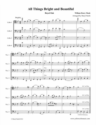 All Things Bright and Beautiful (Royal Oak), a hymn arranged for intermediate cello quartet (four ce (arr. Yellow Cello Music)