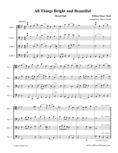 All Things Bright and Beautiful (Royal Oak), a hymn arranged for intermediate cello quartet (four ce (arr. Yellow Cello Music)