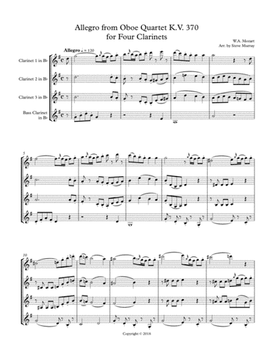 Allegro from Oboe Quartet K.370 for Four Clarinets (arr. Steven H Murray)