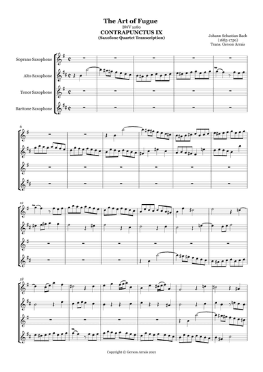 Contrapunctus IX - J. S. Bach - for Saxofone Quartet - Score and Parts (arr. Gerson Arrais)