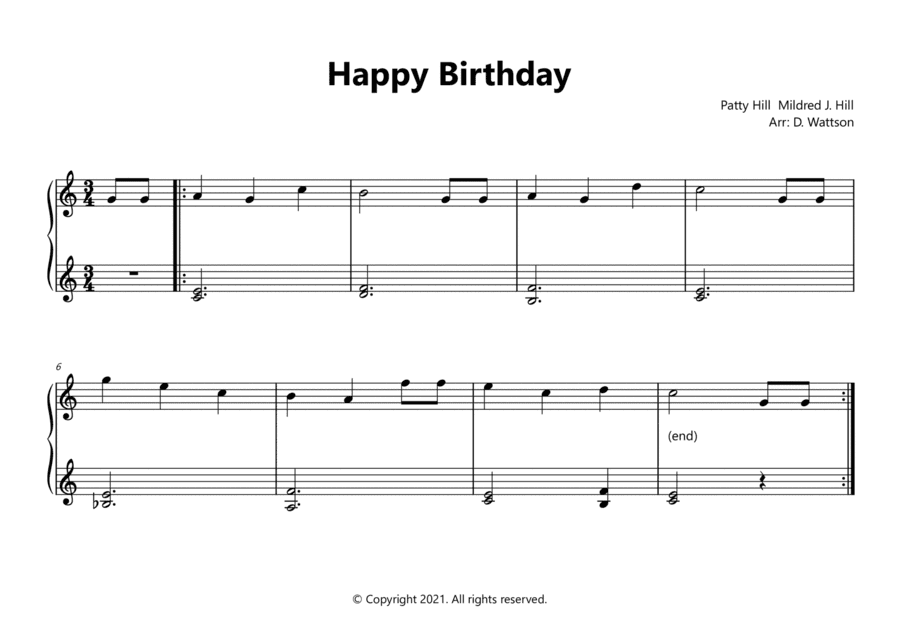 Happy Birthday easy piano (arr. Douglas Wattson)