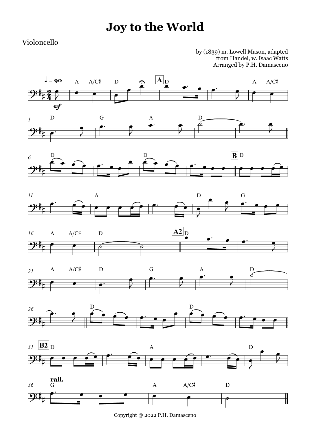 Joy to the World - Violoncello Solo and Piano Accompaniment with Chords (arr. P.H. Damasceno)