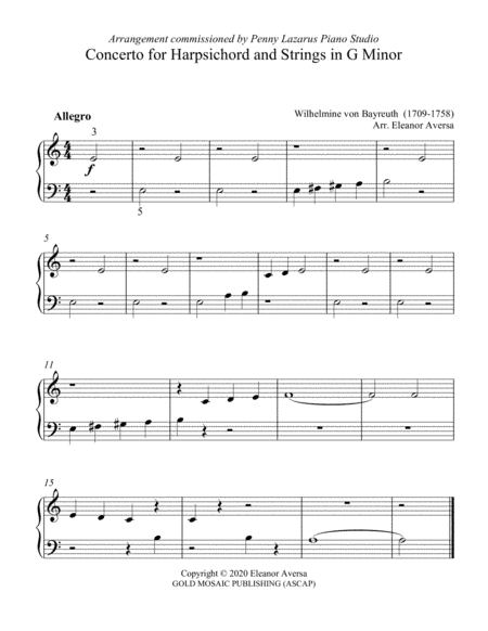 Concerto for Harpsichord and Strings in G Minor - Primer Level piano arrangement (arr. Eleanor Aversa)
