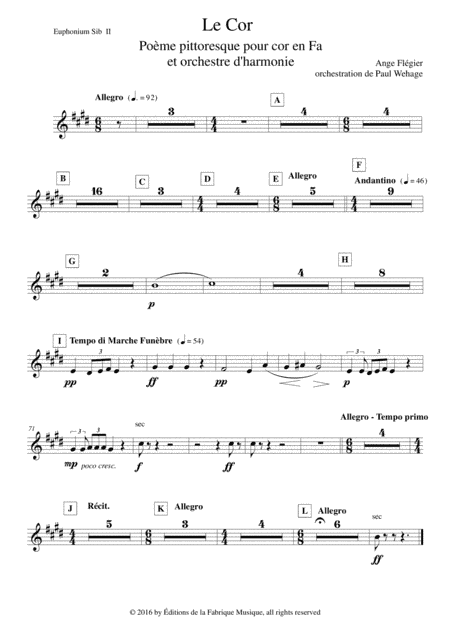 Ange Flégier: Le Cor for solo horn and concert band, Bb euphonium (treble clef) 2 part (arr. Paul Wehage)