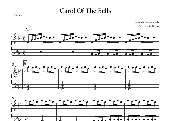 Carol of the Bells (Christmas Song) for Piano Solo (arr. Fabio Britto)