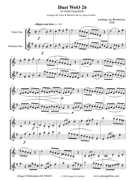 Beethoven: Duet WoO 26 for Tenor & Baritone Sax (arr. James Guthrie, ASCAP)