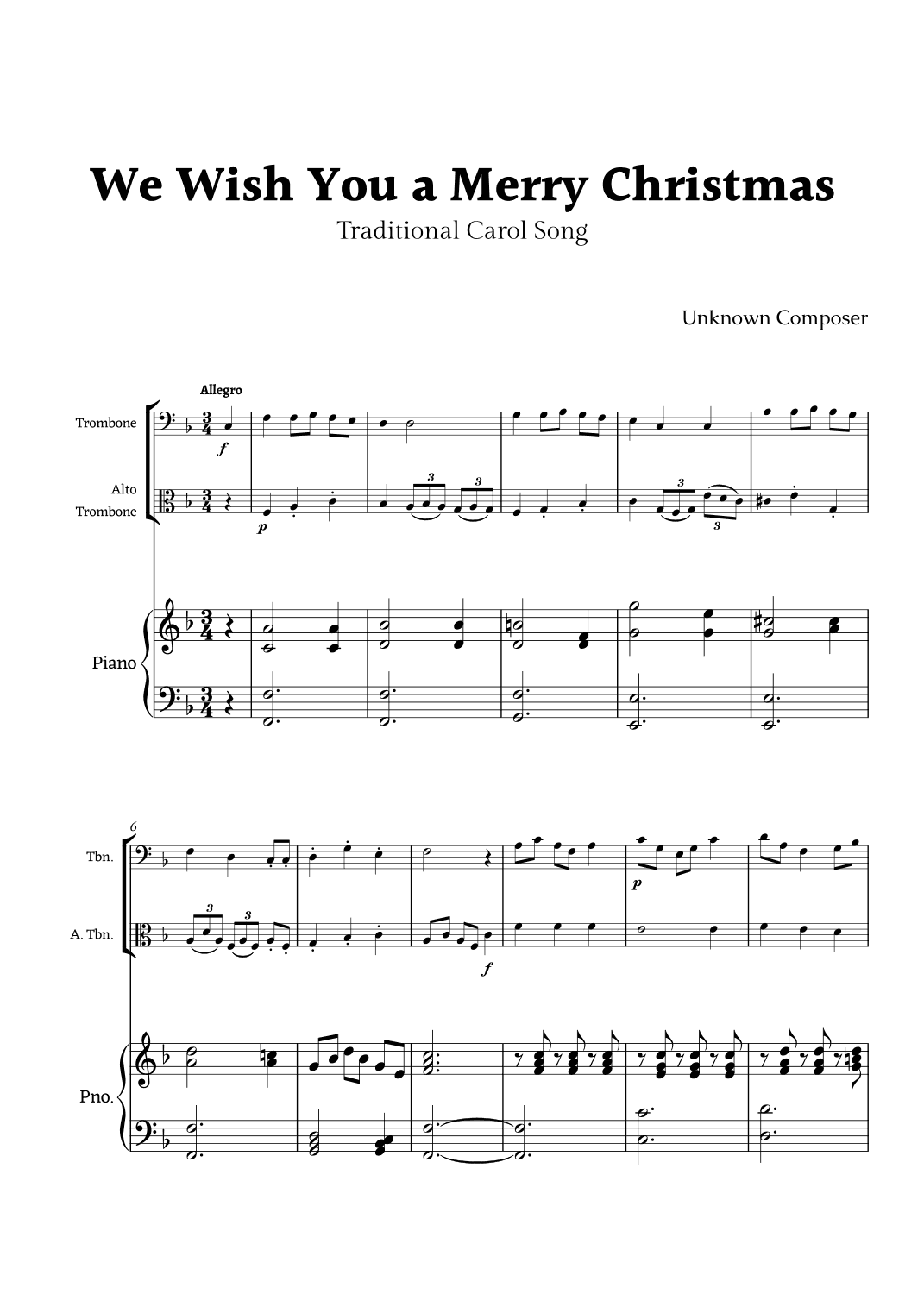 We Wish you a Merry Christmas for Trombone and Alto Trombone Duet with Piano (arr. Rika K.)