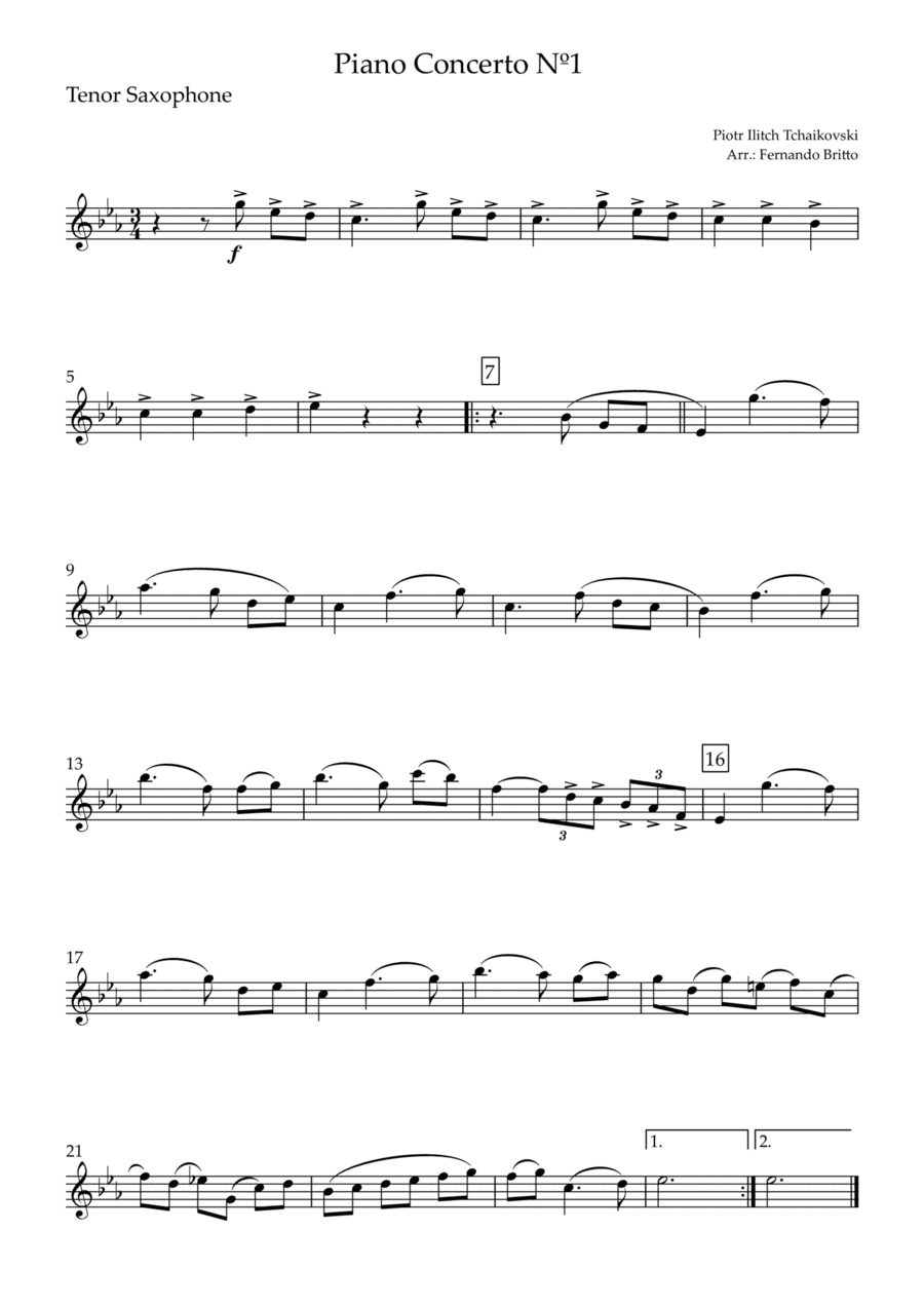 Piano Concerto Nº 1 - 1st Mov. Theme (P. Tchaikovsky) for Tenor Saxophone Solo (arr. Fernando Britto)