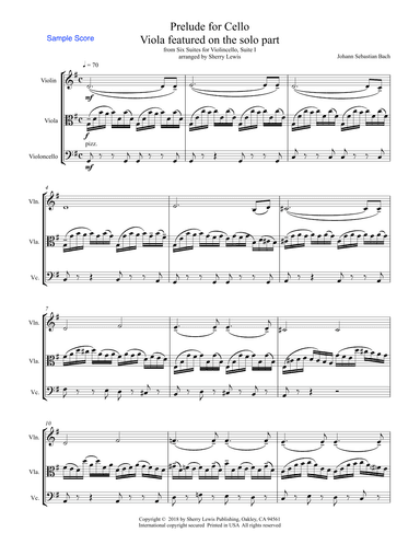 PRELUDE FROM CELLO SUITE NO. 1 by Bach String Trio with viola melody Intermediate Level (arr. Sherry Lewis Publishing)