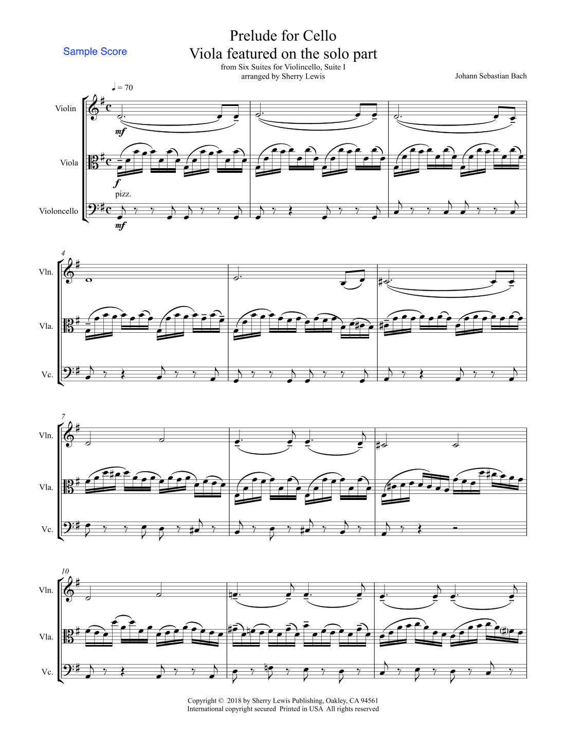 PRELUDE FROM CELLO SUITE NO. 1 by Bach String Trio with viola melody Intermediate Level (arr. Sherry Lewis Publishing)