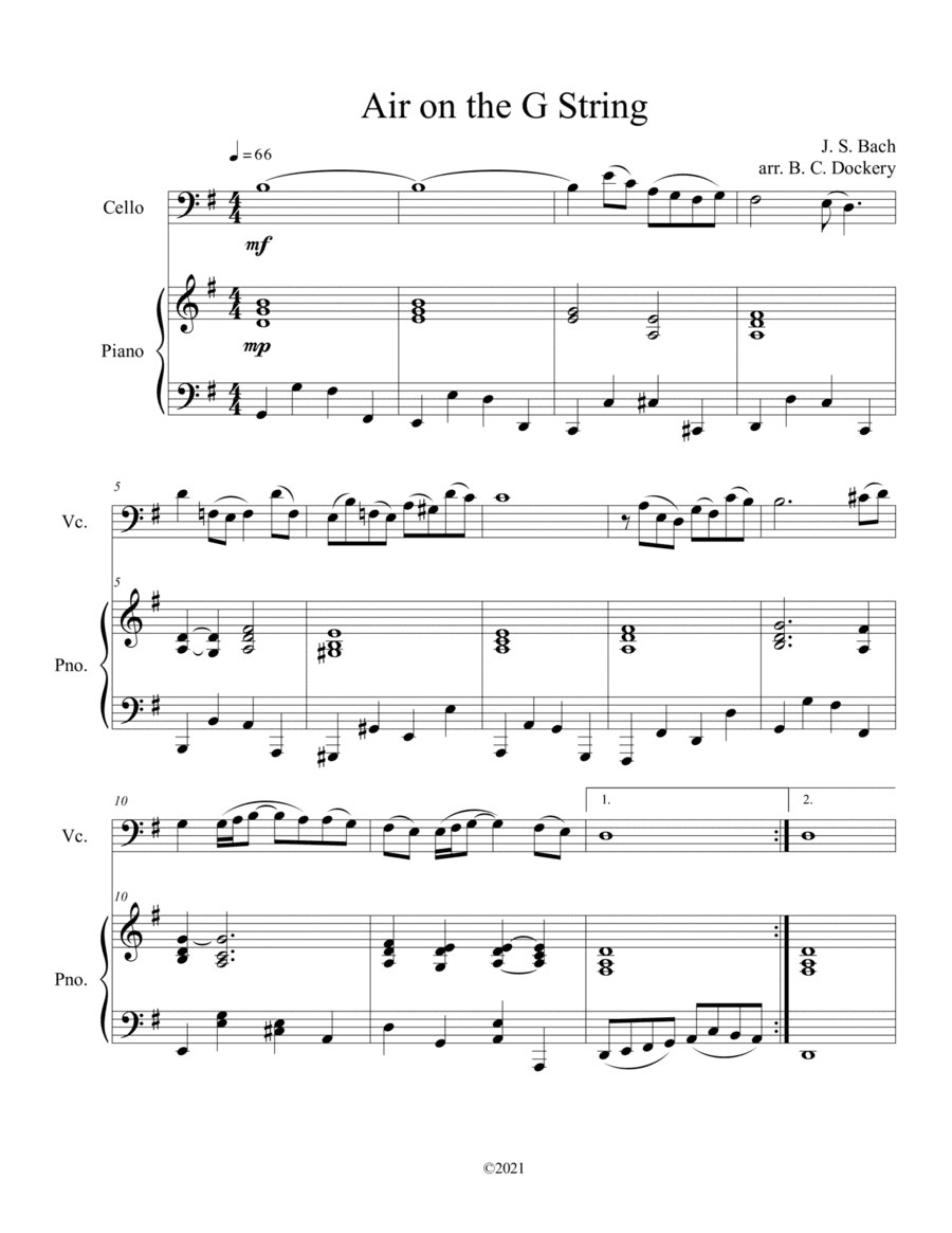 Air on the G String for Solo Cello and Piano (arr. B. C. Dockery)