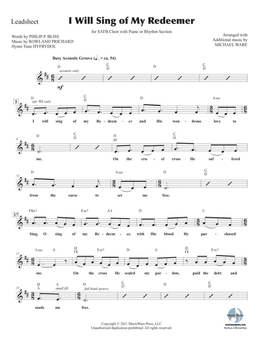 I Will Sing of My Redeemer (Lead Sheet) (arr. Michael Ware)