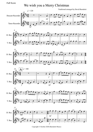 We Wish You a Merry Christmas for Descant and Tenor Recorder  Duet (arr. David Burndrett)