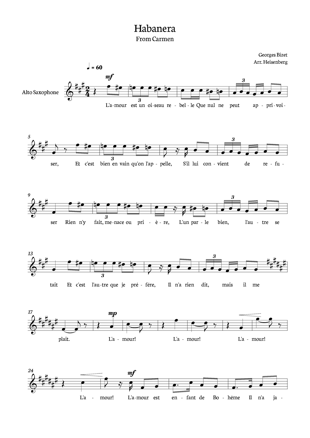 Habanera from Carmen for Alto Sax (arr. Heisenberg)