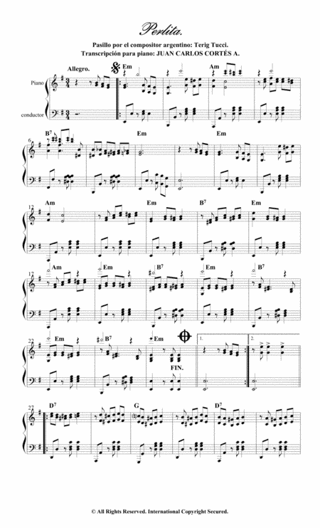 Perlita. Pasillo instrumental por Terig Tucci (arr. Juan Carlos Cortés A.)