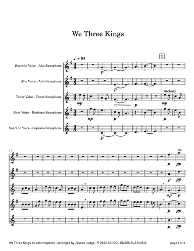 We Three Kings for Saxophone Quartet in Schools (arr. Joseph Judge)