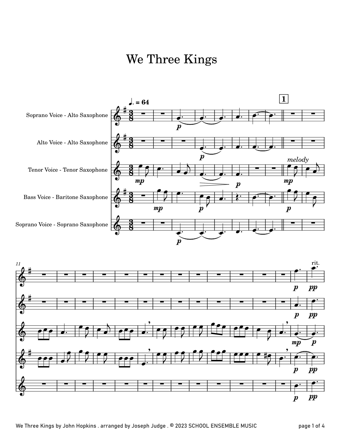 We Three Kings for Saxophone Quartet in Schools (arr. Joseph Judge)