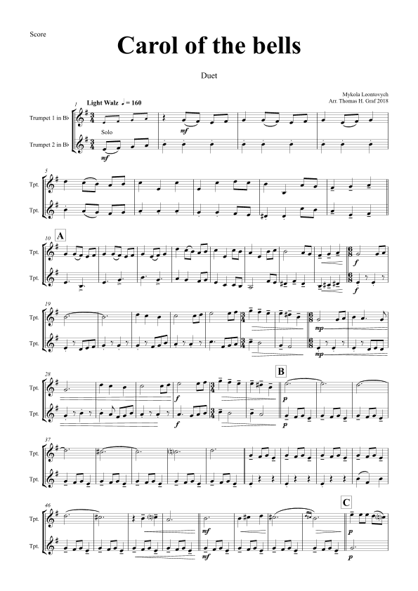 Carol of the Bells - Pentatonix style - Trumpet Duet (arr. Thomas Graf)