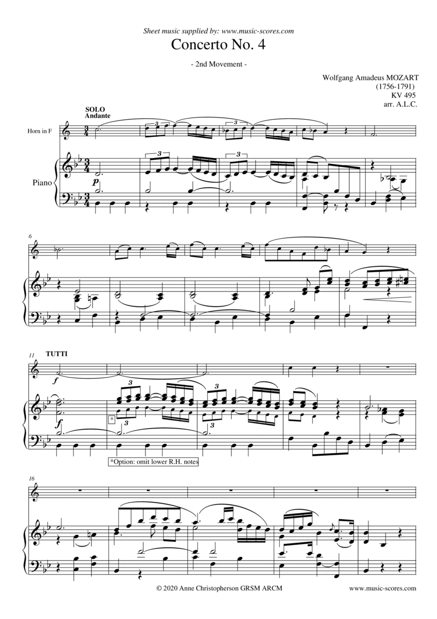 2nd Movement, Andante, from Mozart's Horn Concerto no.4 (arr. Anne L Christopherson GRSM ARCM)