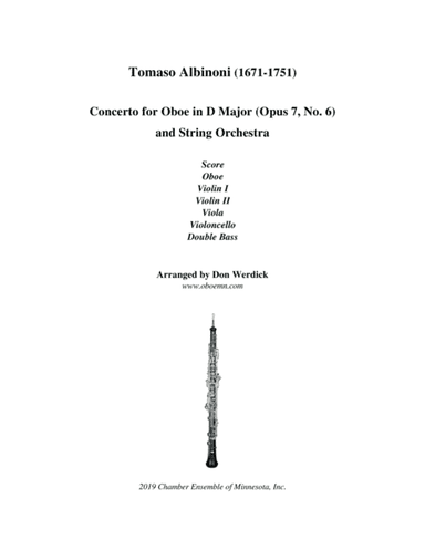 Concerto for Oboe in D Major, Op. 7 No. 6 and String Orchestra (arr. Don Werdick (1946 - ))