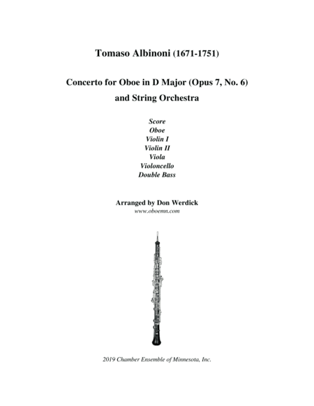 Concerto for Oboe in D Major, Op. 7 No. 6 and String Orchestra (arr. Don Werdick (1946 - ))