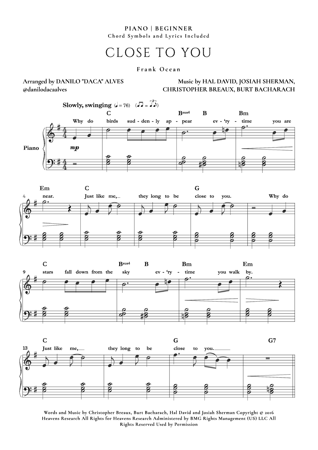 Close To You (arr. Danilo "Daca" Alves)