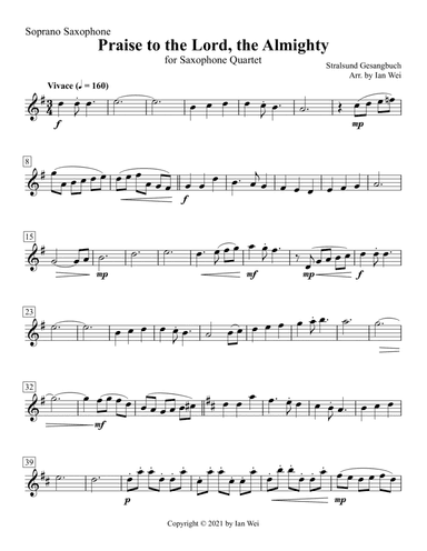 Praise to the Lord, the Almighty for Saxophone Quartet (arr. Ian Wei)