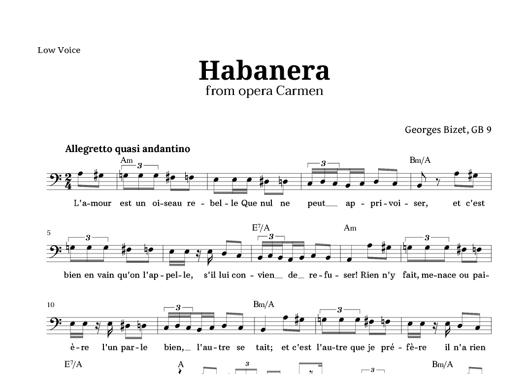 Habanera from Carmen by Bizet Lead Sheet (Low Voice) (arr. Langanho)