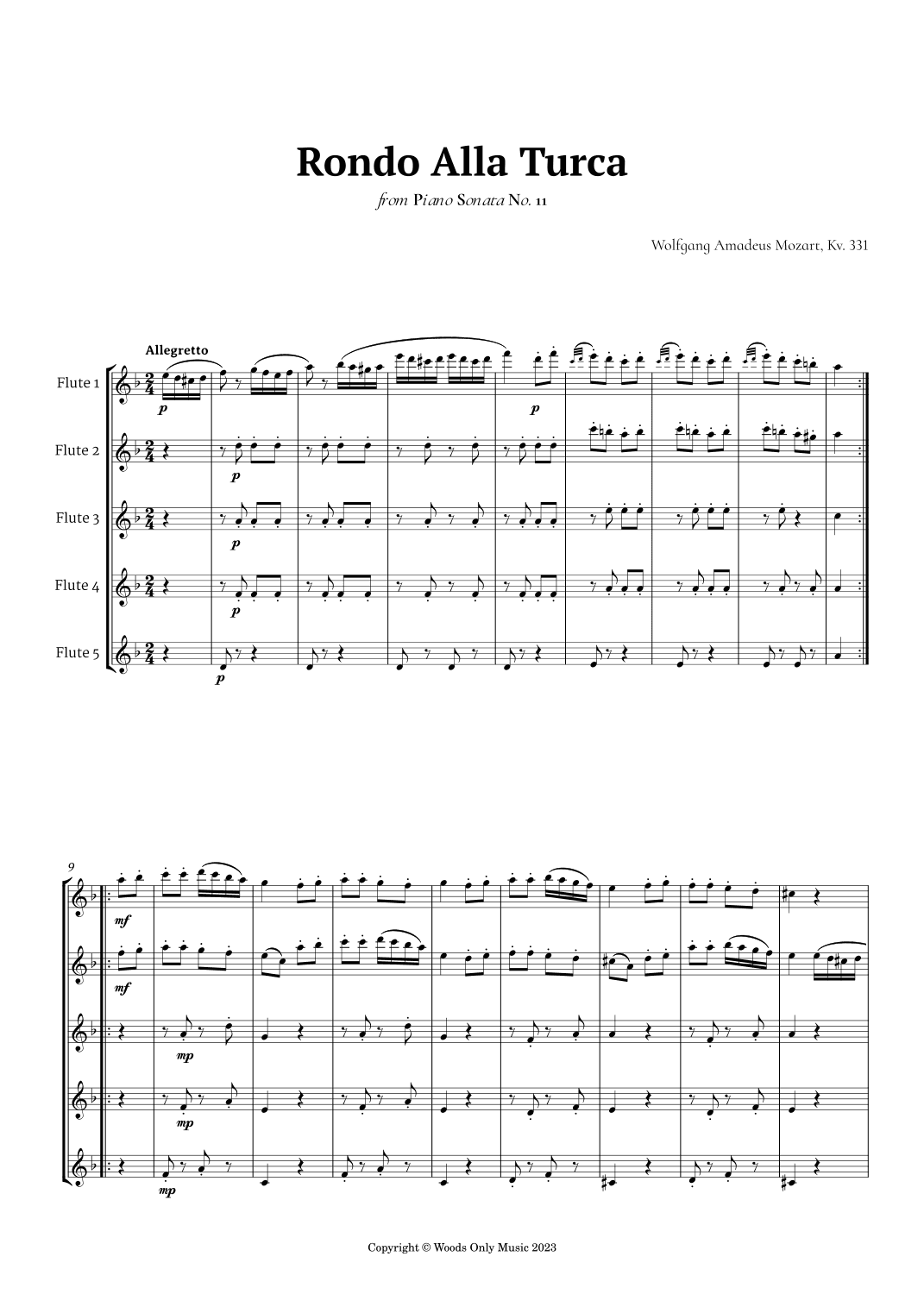 Rondo Alla Turca by Mozart for Flute Quintet (arr. Ander)