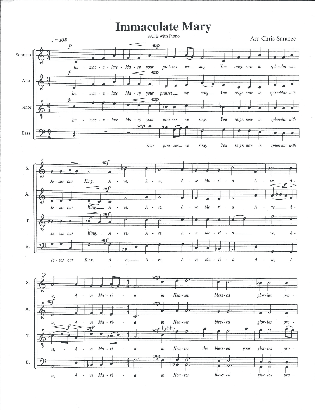 Immaculate Mary (A Fantasie) (arr. Christopher Saranec)