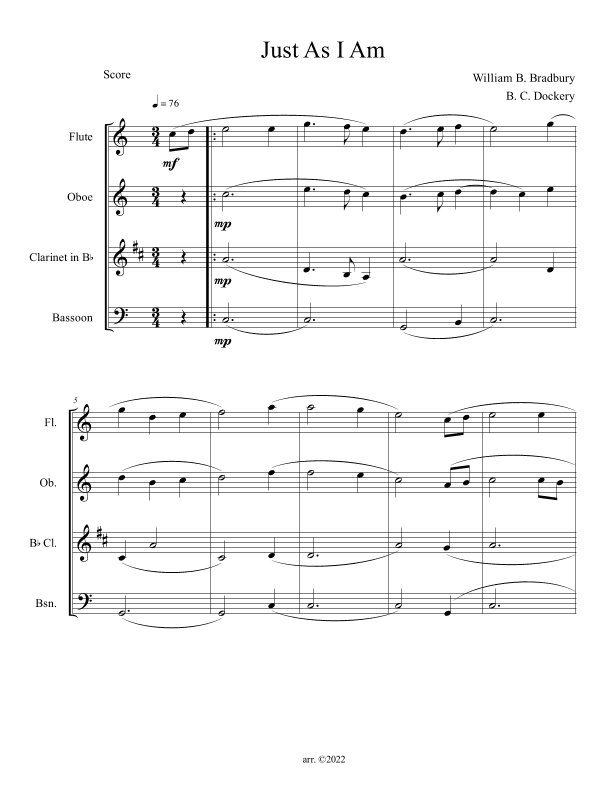 Just As I Am (Woodwind Quartet) (arr. B. C. Dockery)