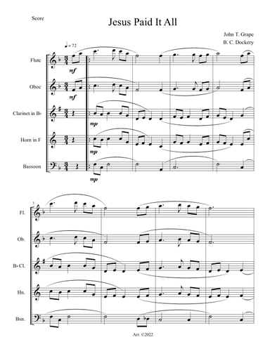 Jesus Paid It All (Woodwind Quintet) (arr. B. C. Dockery)