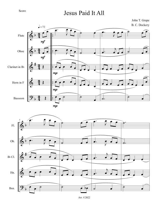 Jesus Paid It All (Woodwind Quintet) (arr. B. C. Dockery)