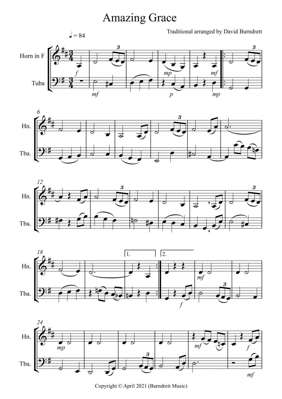 Amazing Grace for French Horn and Tuba Duet (arr. David Burndrett)