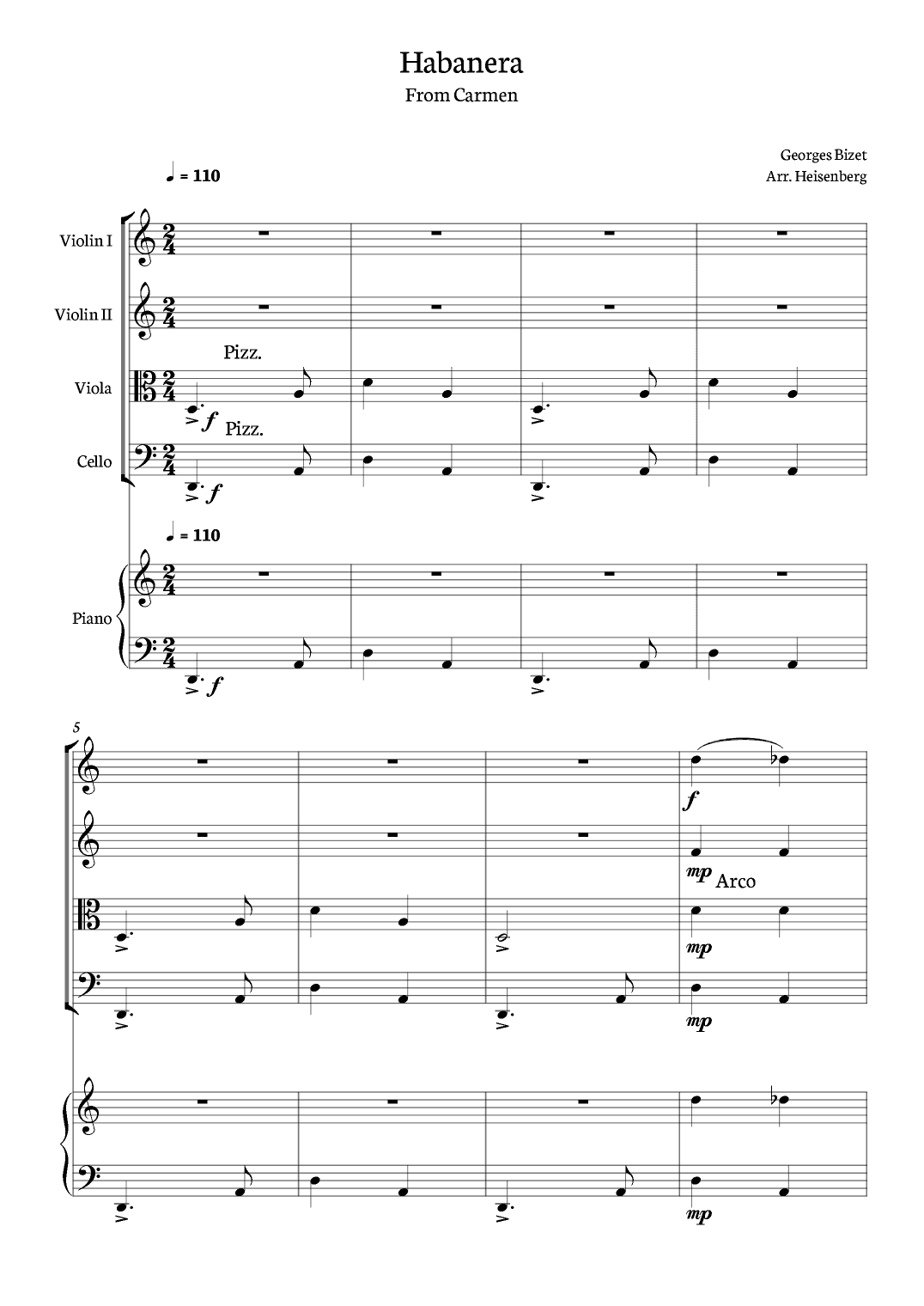 Habanera - Georges Bizet (Carmen) for String Quartet in a easy version with piano - Score and parts (arr. Heisenberg)