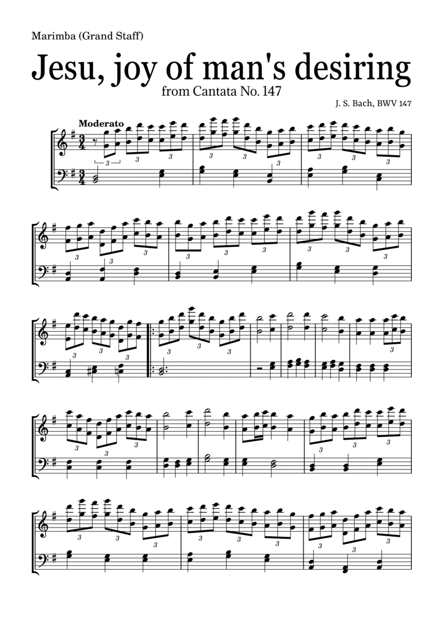 JESU, JOY OF MAN'S DESIRING by Bach - easy version for Marimba (Grand Staff) with 4 drum sticks (arr. Leyandder Trustworthy)