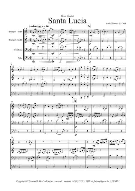 Santa Lucia - Italian Folk Song - Here in the twighlight - Brass Quartet (arr. Thomas H. Graf)