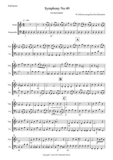 Symphony No.40 (1st movement) for Violin and Cello Duet (arr. David Burndrett)