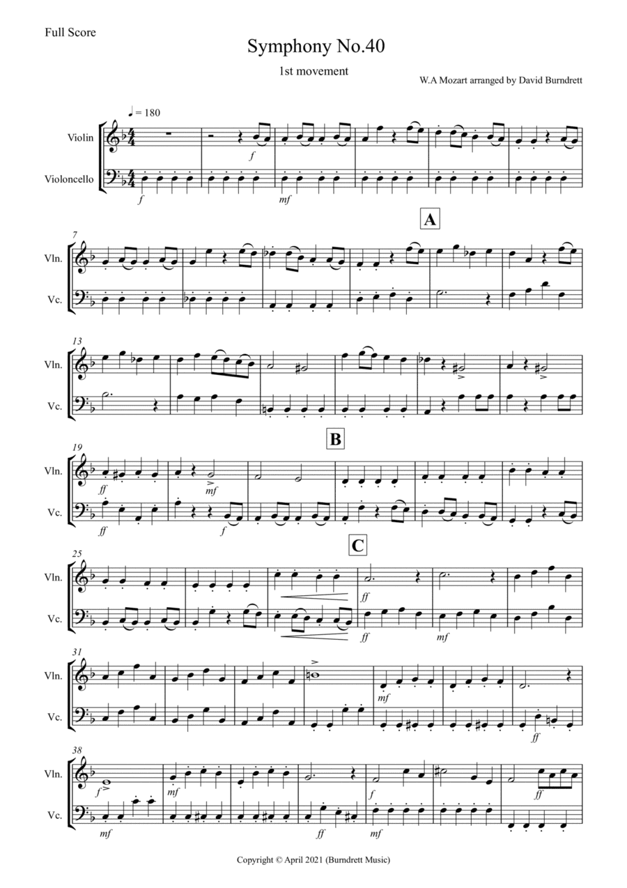Symphony No.40 (1st movement) for Violin and Cello Duet (arr. David Burndrett)