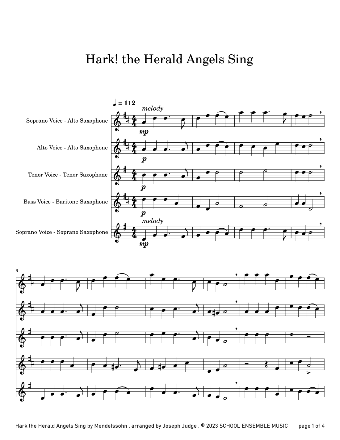 Hark The Herald Angels Sing for Saxophone Quartet in Schools (arr. Joseph Judge)